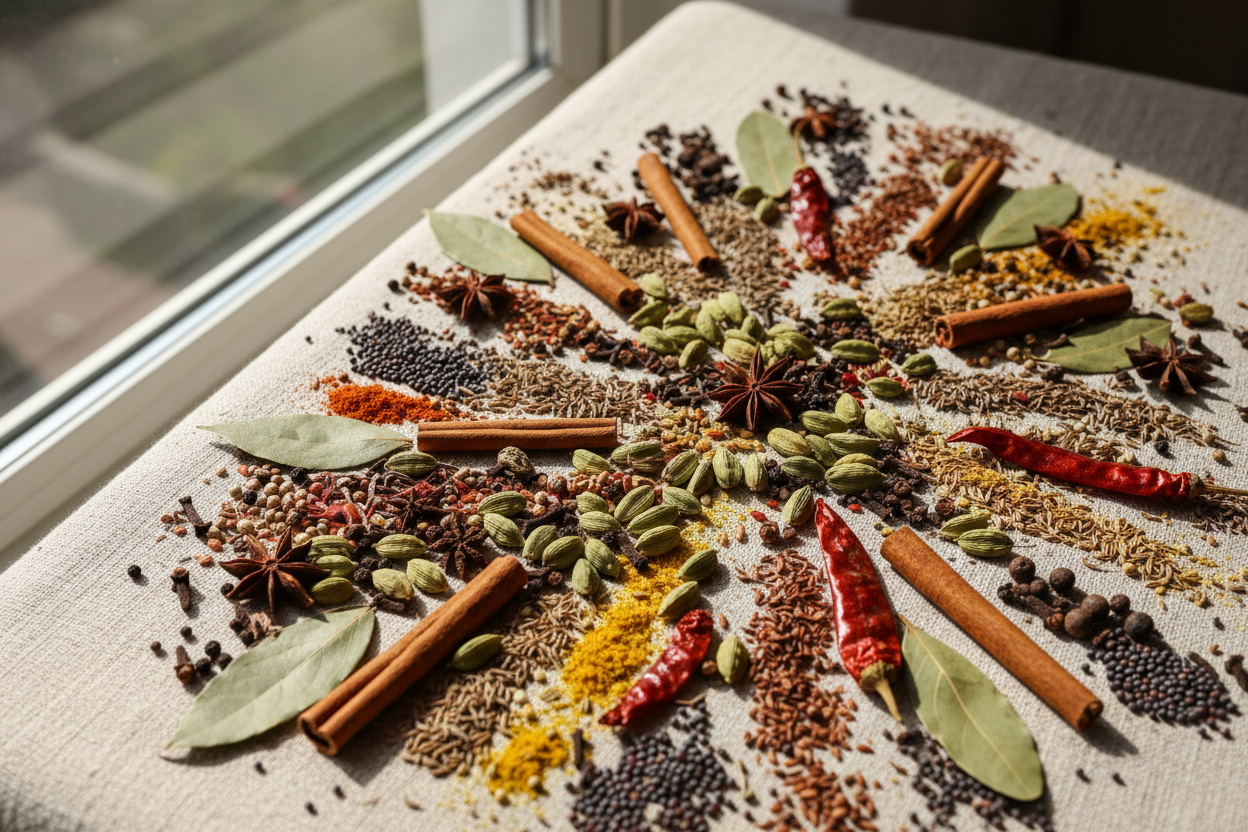 Masalas all over spreading in pic all whole spices